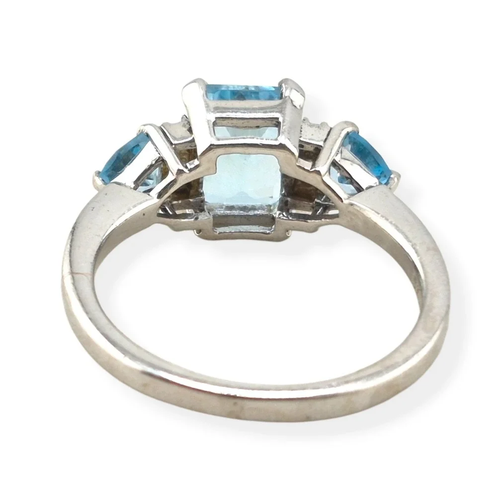 Art Deco Sterling Silver Blue Topaz CZ Three Stone Emerald Cut Ring Size 7.25